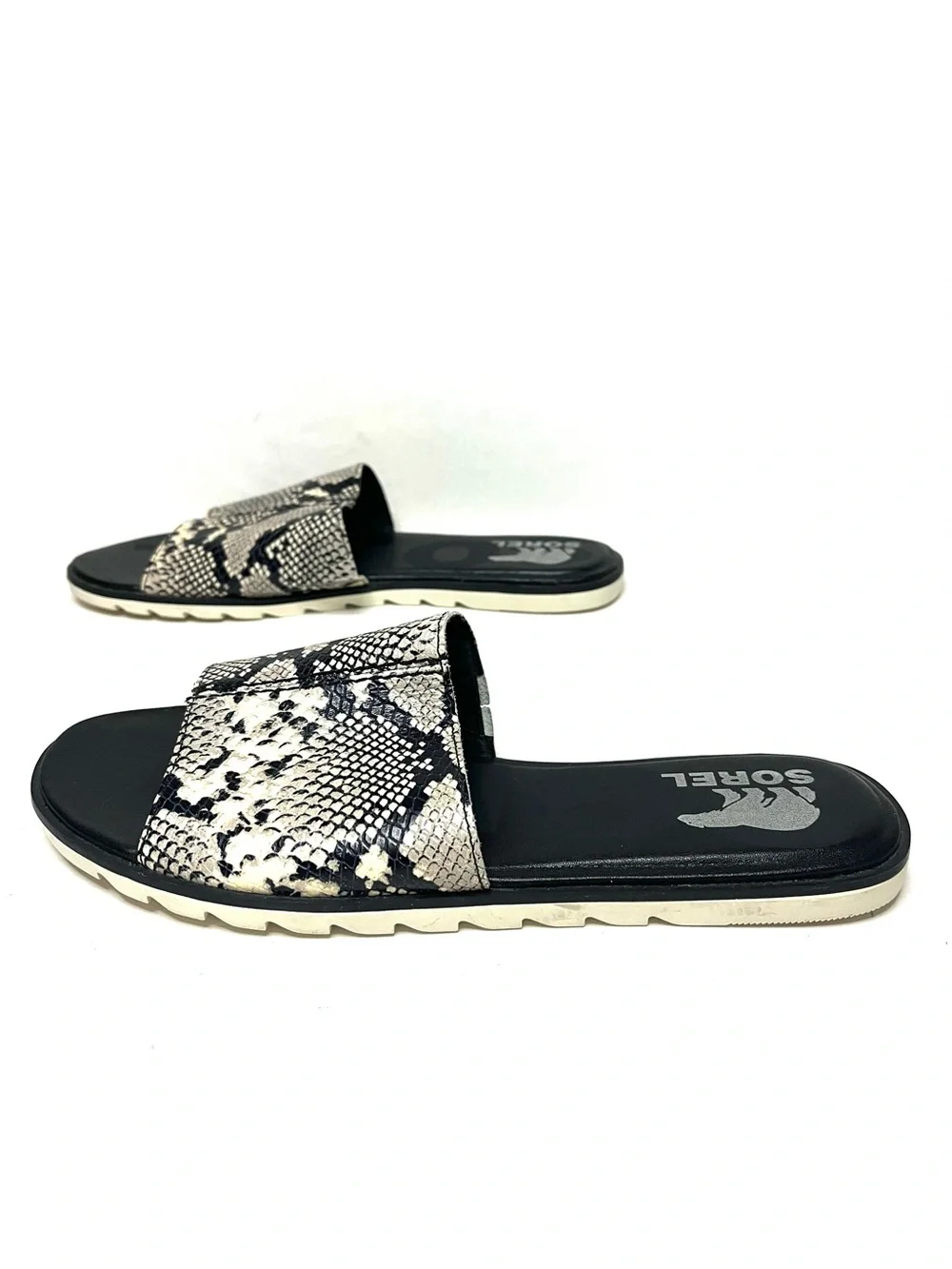 Sorel Ella II Block Slide in Black/Ivory Snake Print Leather - Size 10